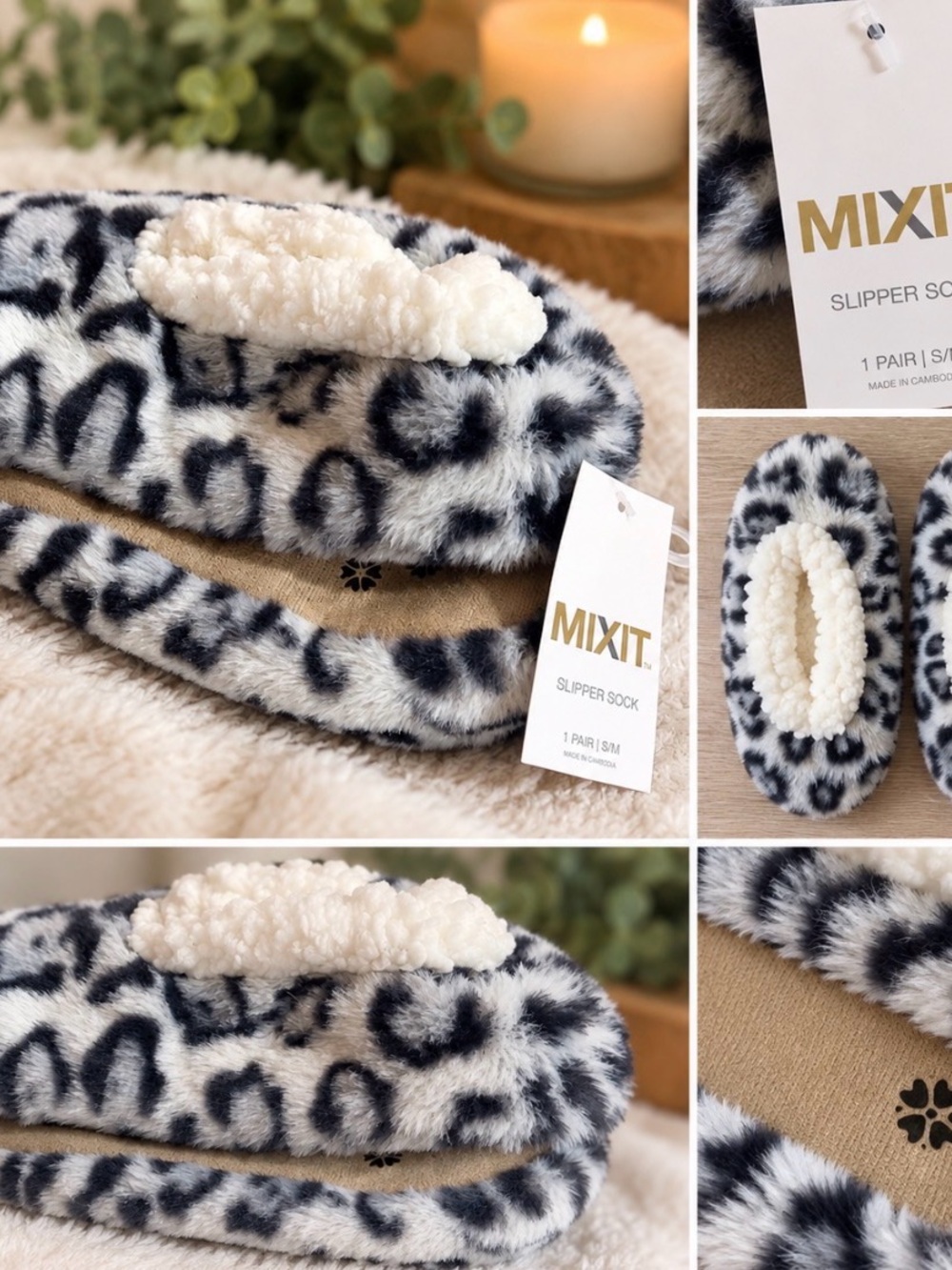 MIXIT Kids Leopard Print Slipper Socks in Cream and Black